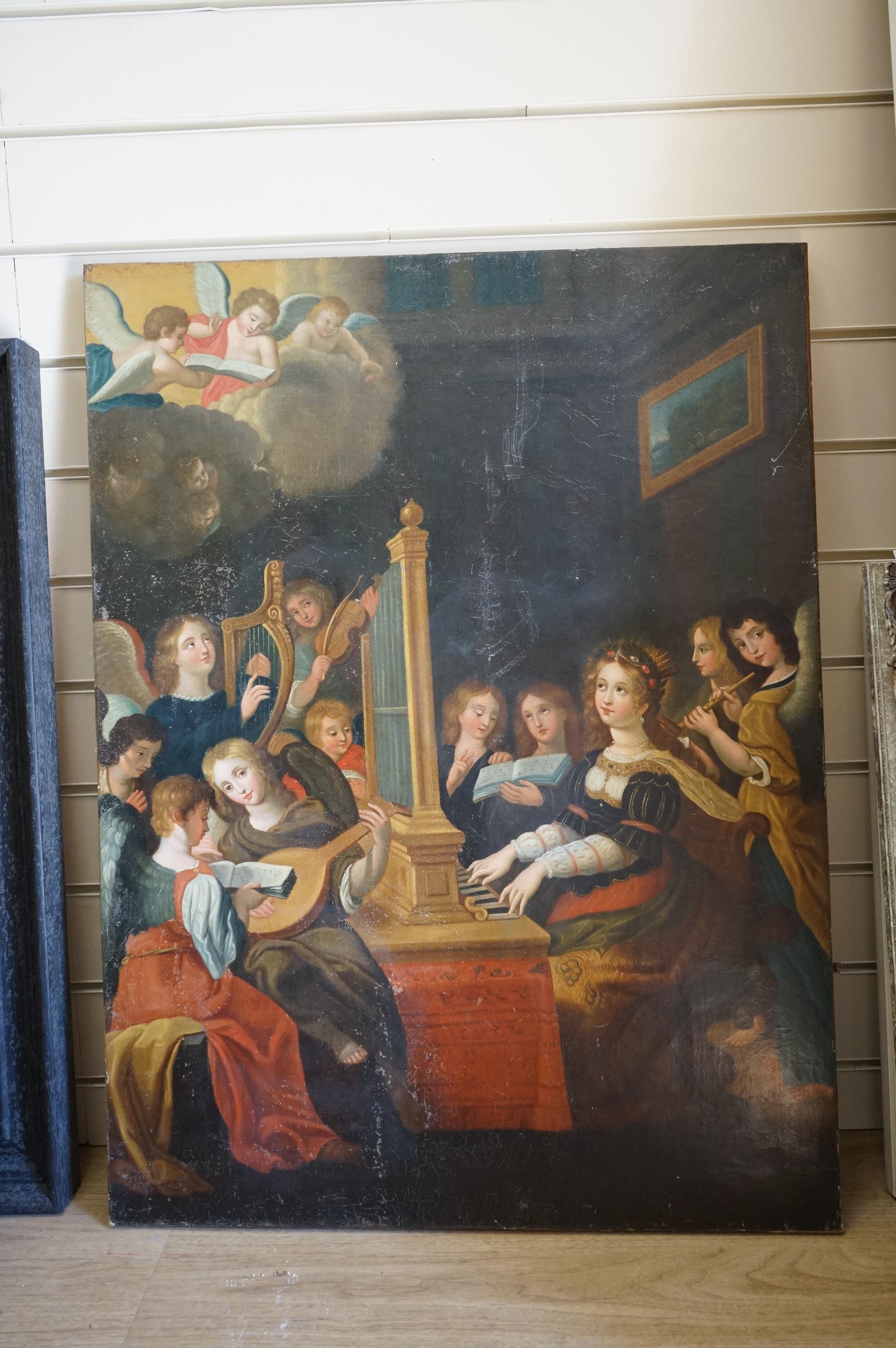 Old Master style, 19th century, oil on canvas, St Cecilia playing organ, unsigned, re-lined, 85 x 64cm, unframed